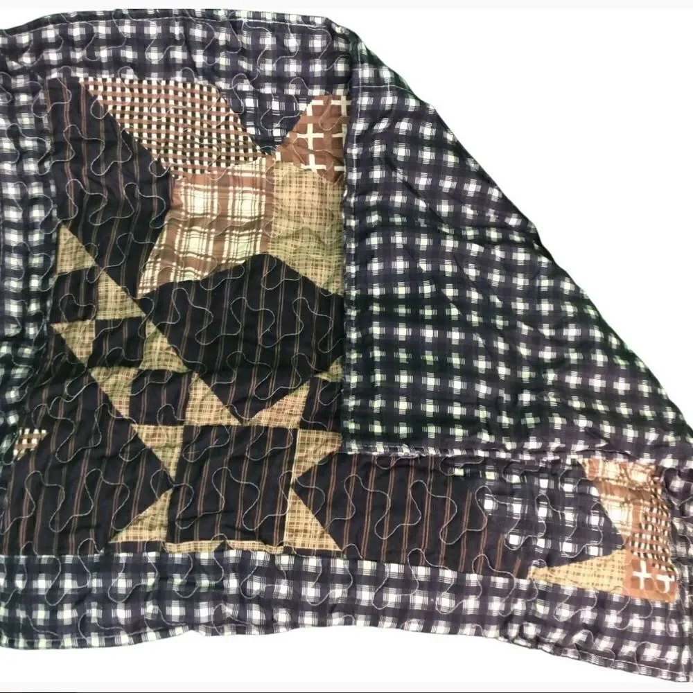 Primitive Star Farmhouse Black Brown Printed King Size Quilt Set Country Cottage
